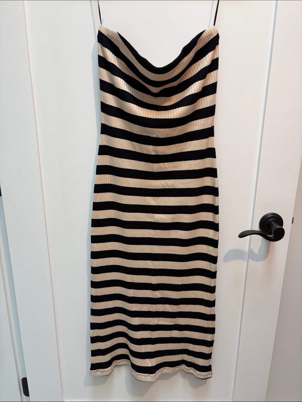 Sadie & Sage Black and Cream Striped Slip Midi Dress